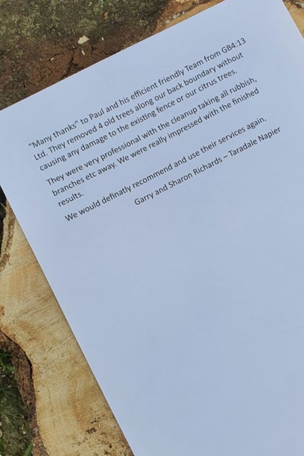 Printed testimonial from a customer on a tree stump