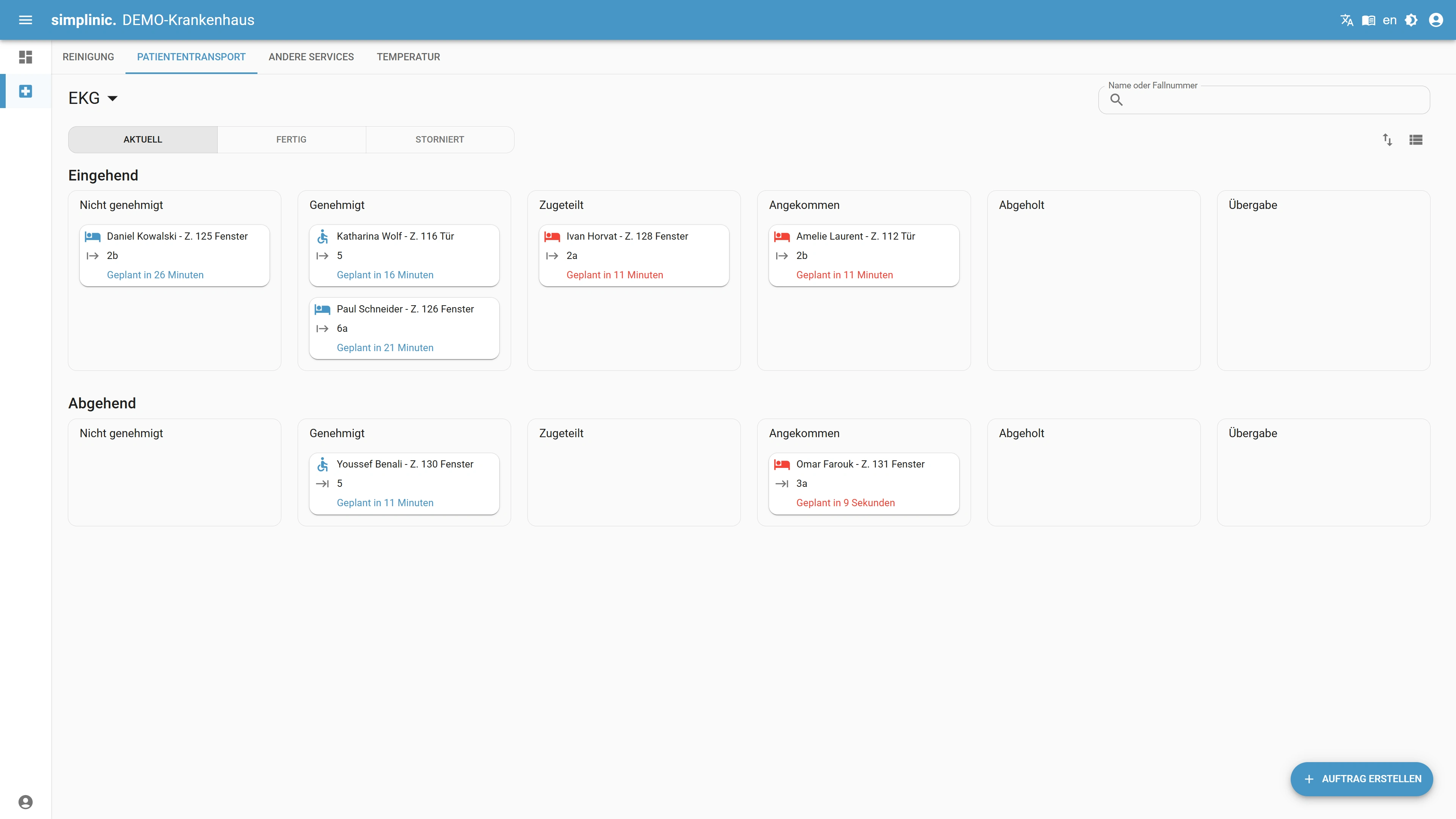Übersicht Patiententransport mit Statuskategorien wie nicht genehmigt, genehmigt, zugeteilt, angekommen, abgeholt und Übergabe.