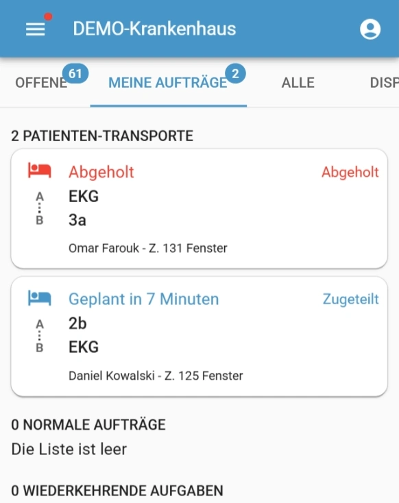 App-Bildschirm zeigt zwei Patiententransporte mit  unterschiedlich weiten Auftragsstatus.