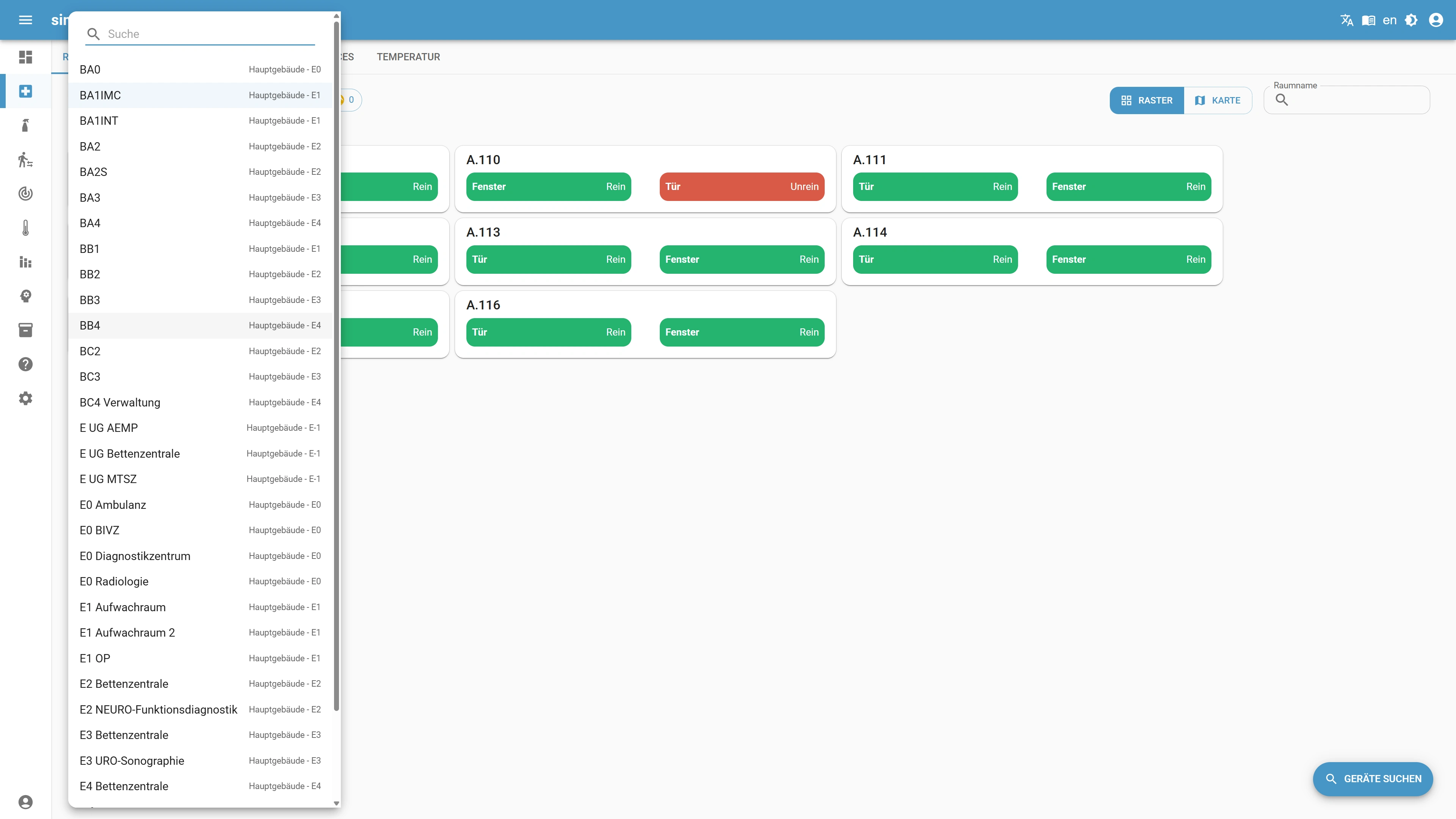 Benutzeroberfläche einer Raum- und Sensorüberwachung mit Dropdown-Liste von Bereichen in einem Hauptgebäude.