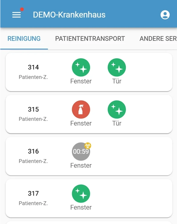 Reinigungsübersicht mit Patientenzimmern 314 bis 317, zeigt den Reinigungsstatus von Fenstern und Türen mit Symbolen.