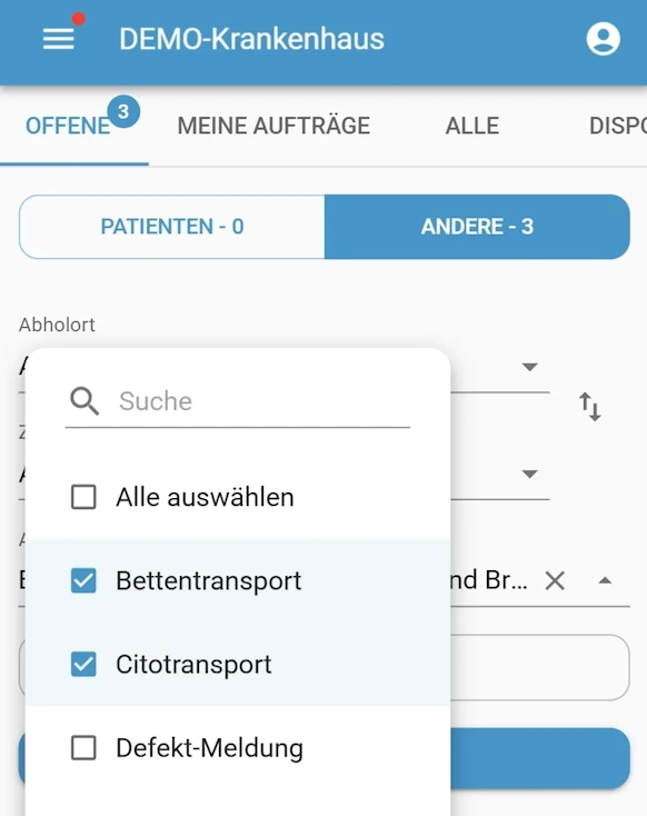 App-Ansicht mit Filteroptionen für Aufträge, darunter ausgewählte Optionen Bettentransport und Citotransport.