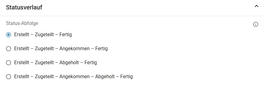 Statusverlauf mit vier Auswahloptionen für Status-Abfolge: Erstellt – Zuge­teilt – Fertig (ausgewählt), Erstellt – Zuge­teilt – Angekommen – Fertig, Erstellt – Zuge­teilt – Abgeholt – Fertig, und Erstellt – Zuge­teilt – Angekommen – Abgeholt – Fertig.
