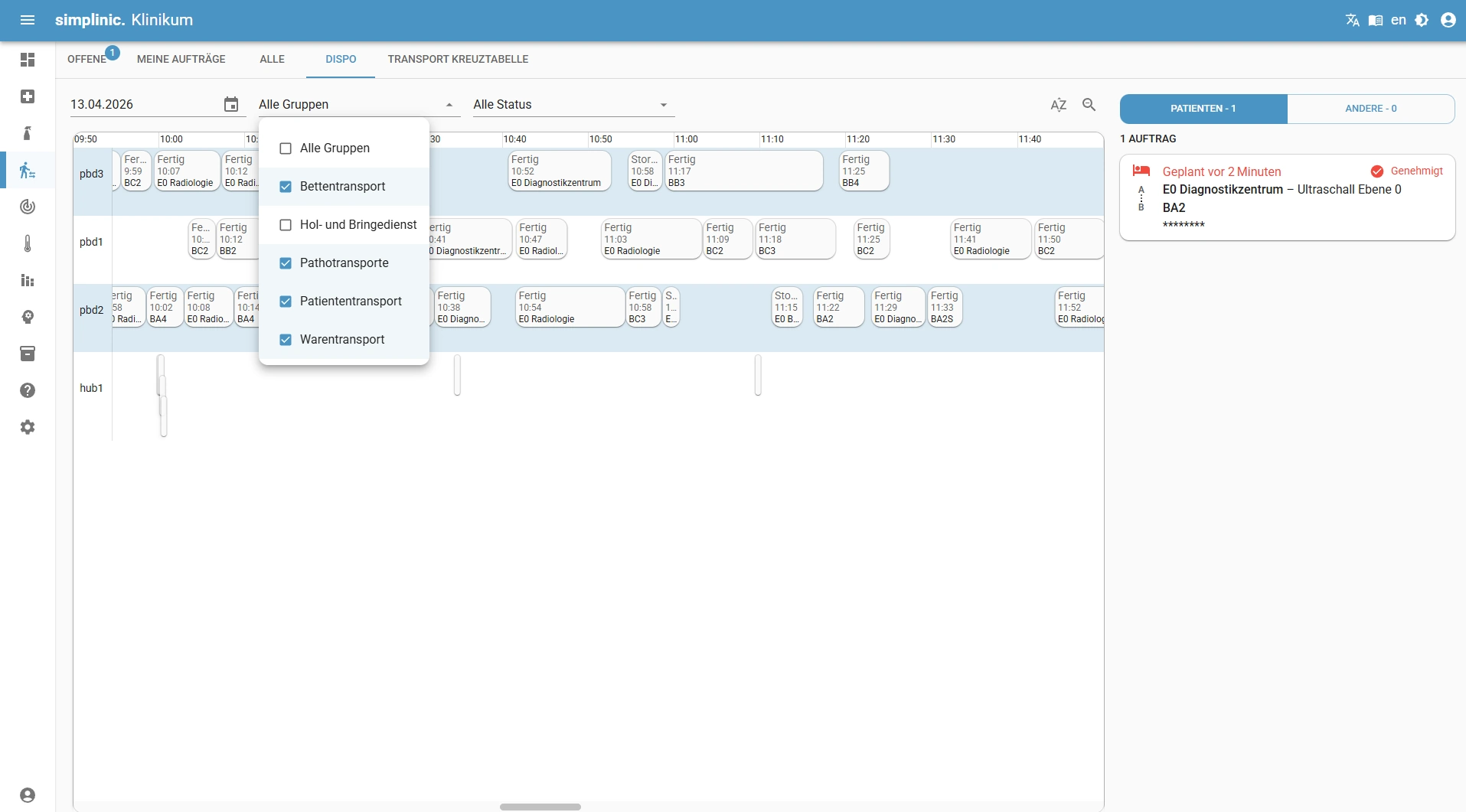 Dispositionsübersicht mit Transportaufträgen und Filteroption für verschiedene Transporttypen für einen Tag.