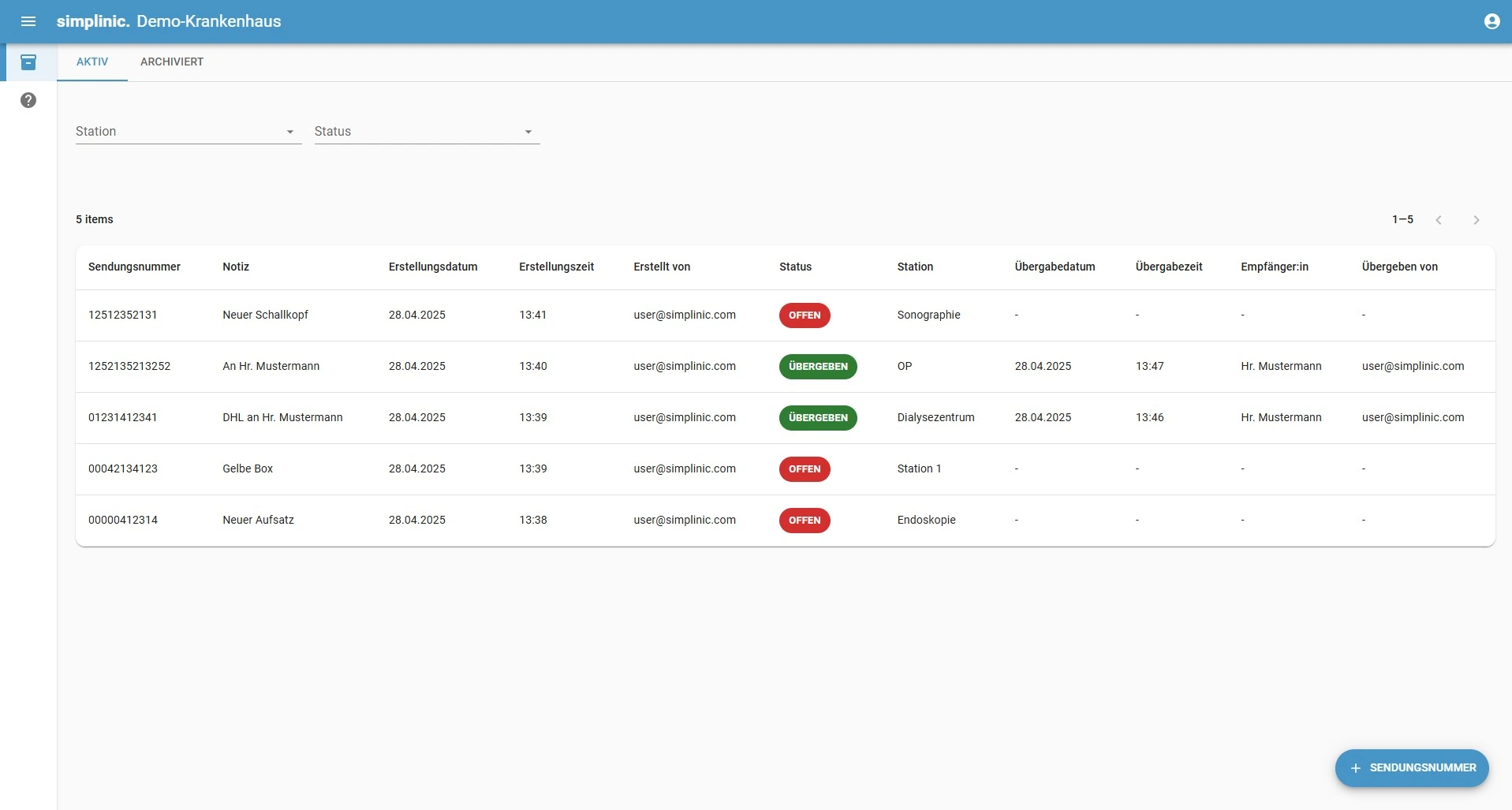 Der Screenshot zeigt eine Übersicht von fünf Sendungen innerhalb des Systems.