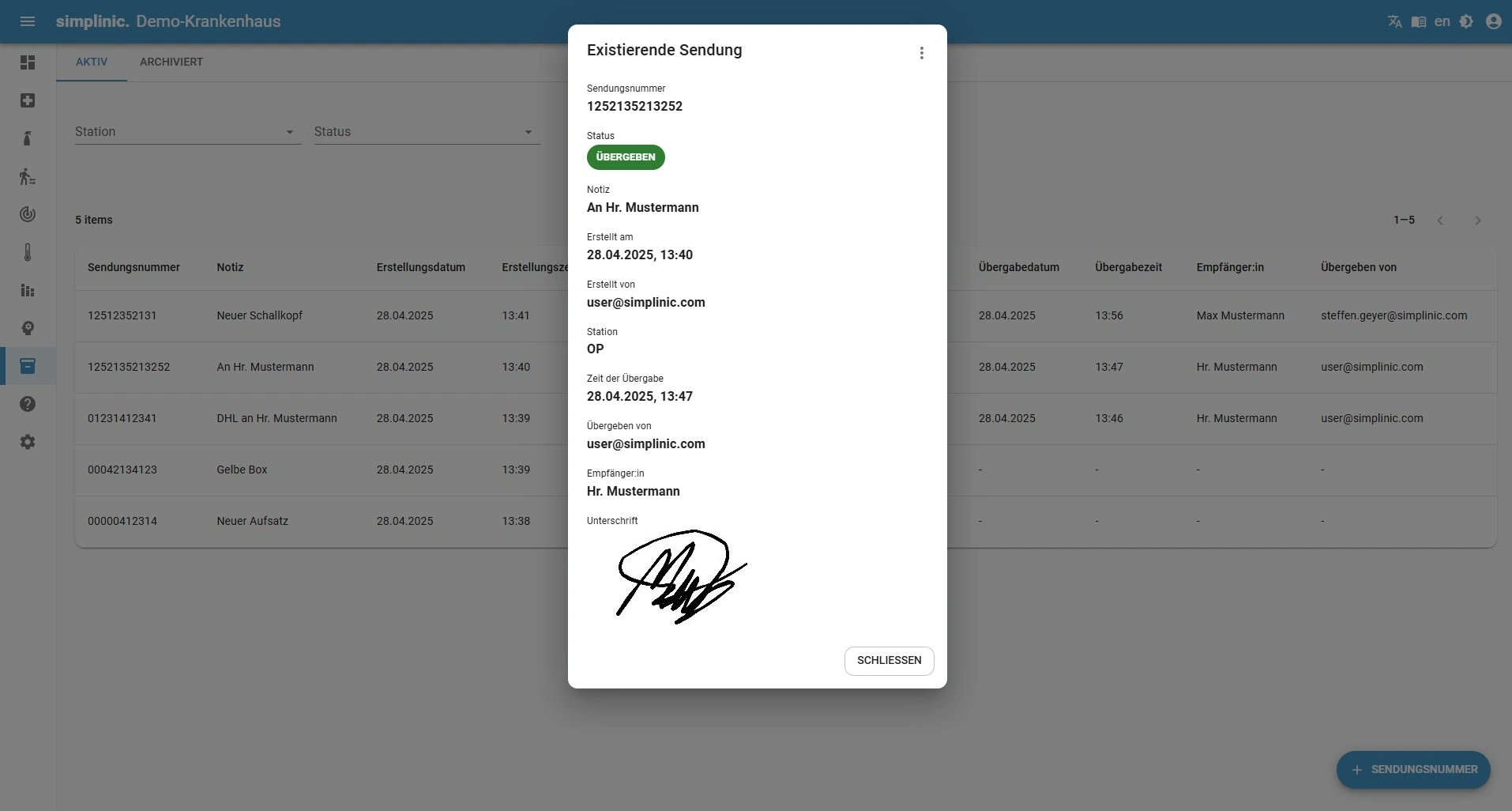 Detailansicht einer bestehenden Sendung mit Sendungsnummer, Status Übergaben, Notiz An Hr. Mustermann, Erstellungsdatum und Uhrzeit, Station OP, Übergabezeit, Empfänger Hr. Mustermann und seiner Unterschrift.