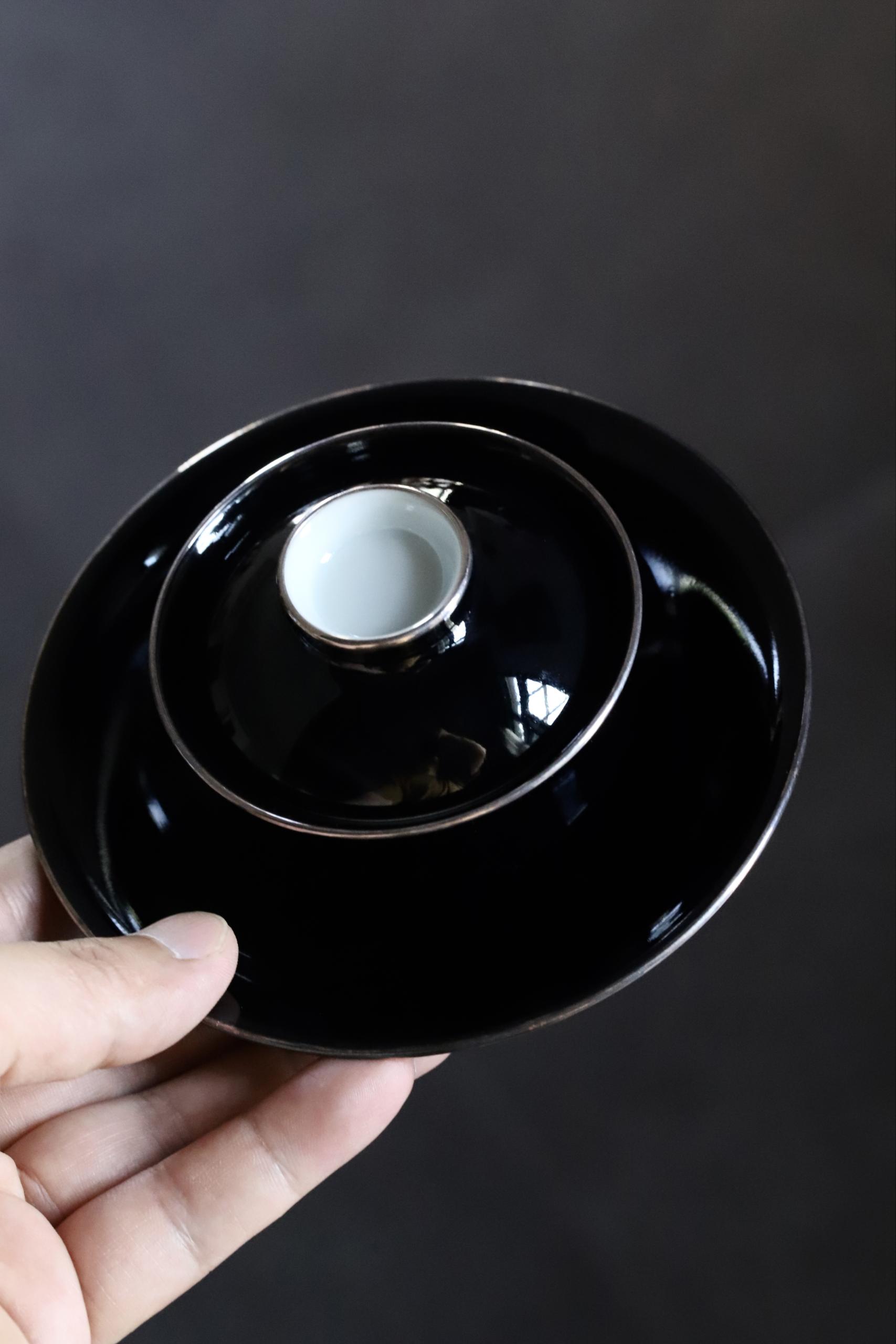 Zheyao-form Gaiwan with Black Glaze and Silvered Rim