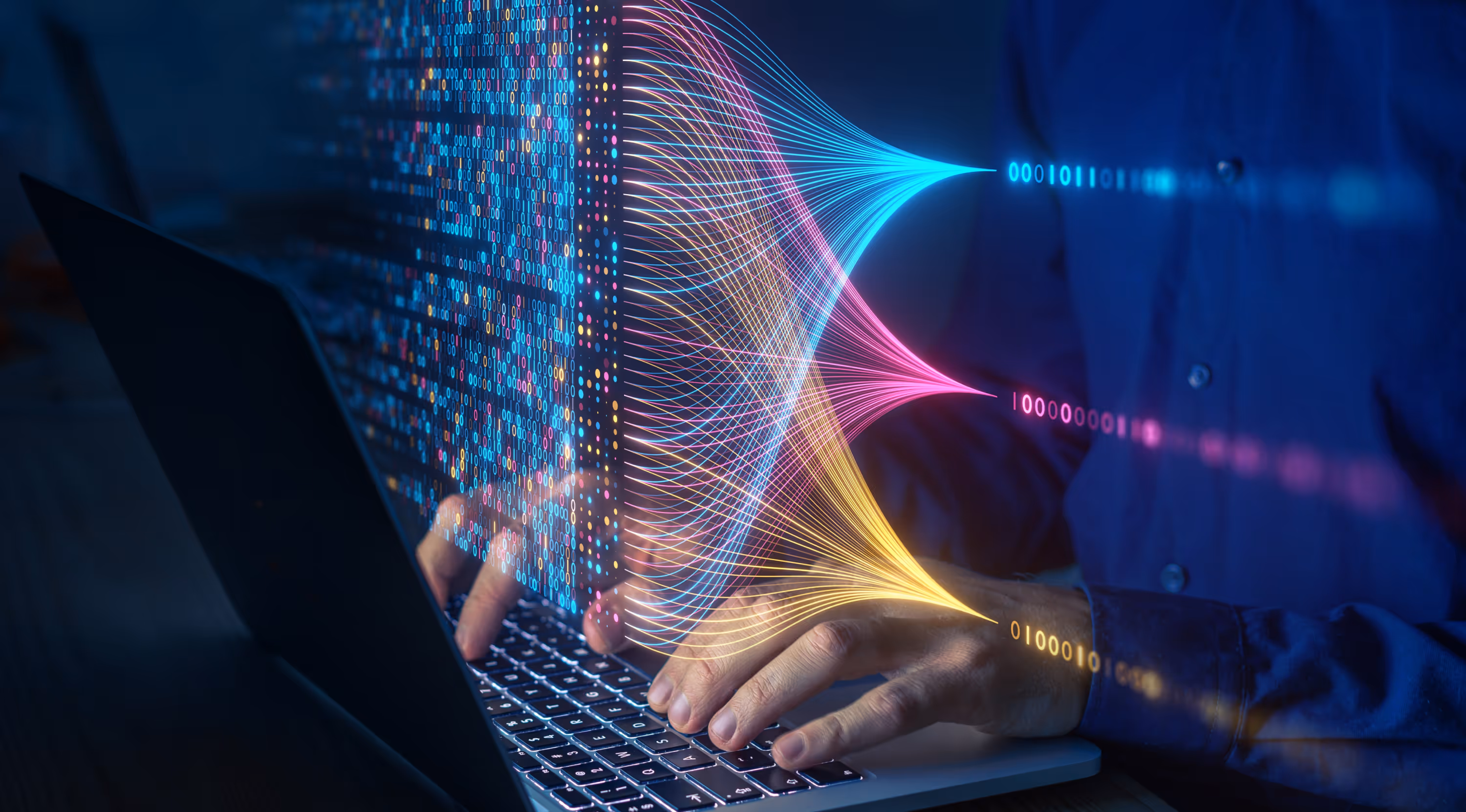 Person typing on a laptop with colorful binary code streams and data connections overlay.