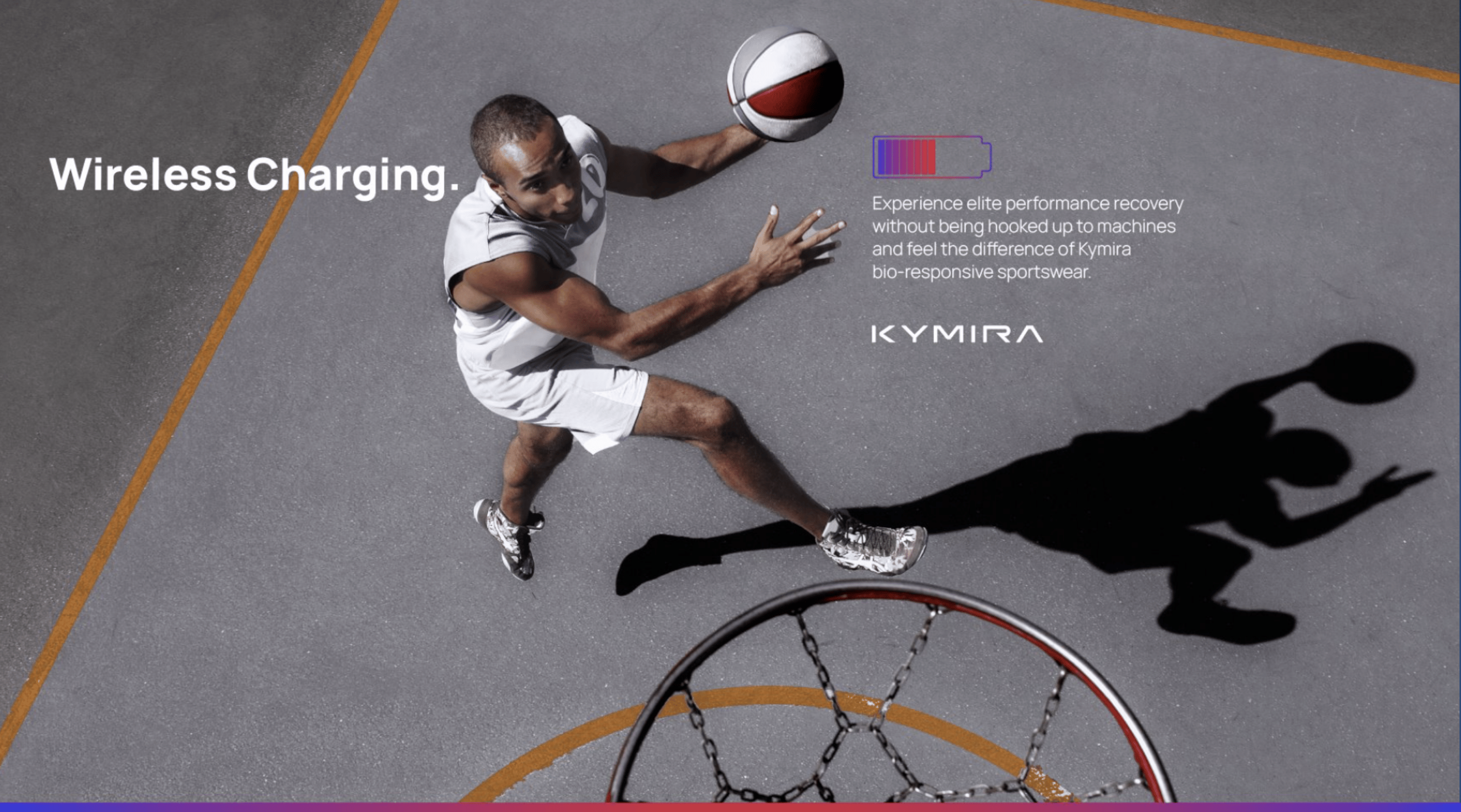 KYMIRA advert featuring basketball player making a shot while in KYMIRA active recovery wear