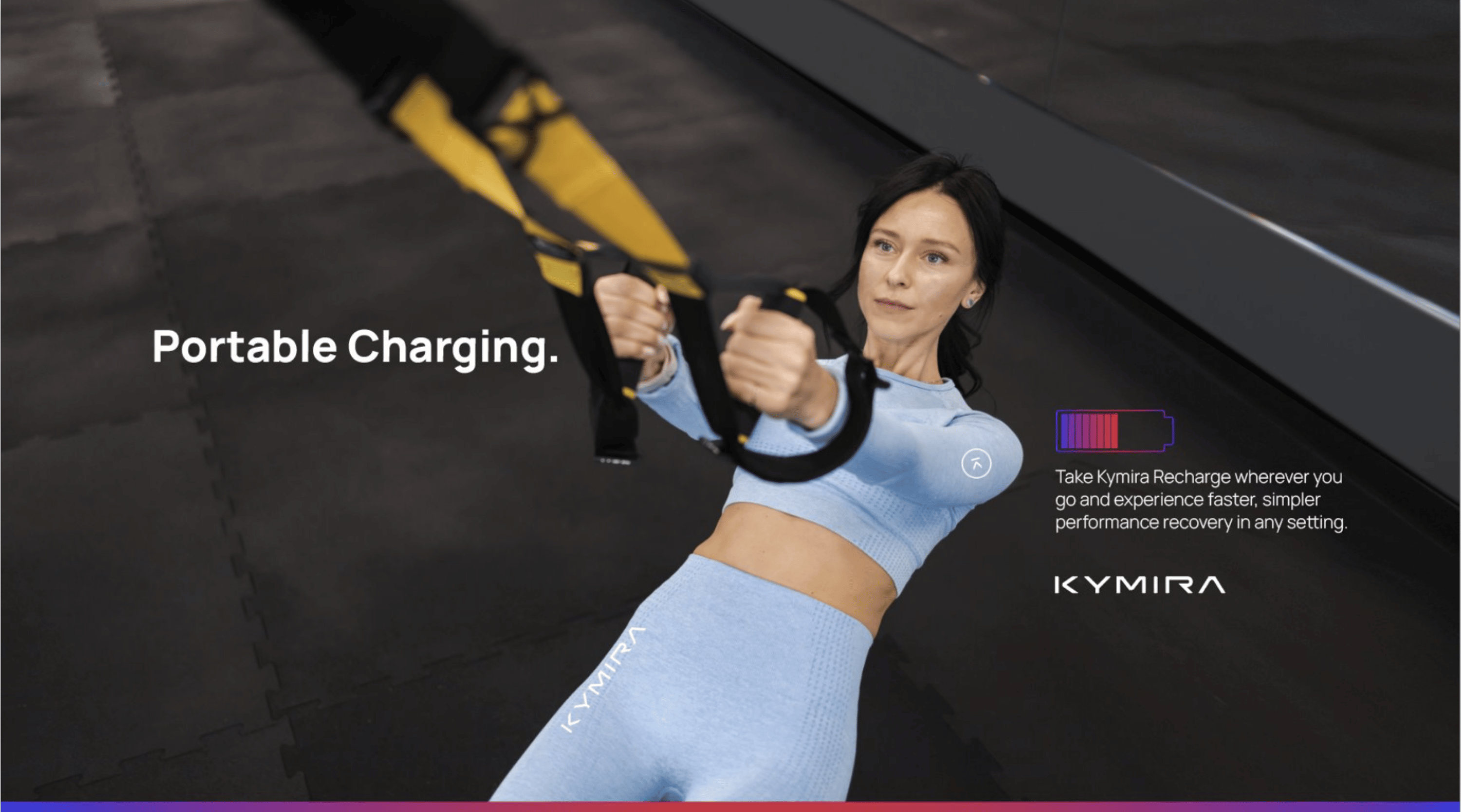 KYMIRA advert with athlete in KYMIRA recover wear with the headline Portable Charging