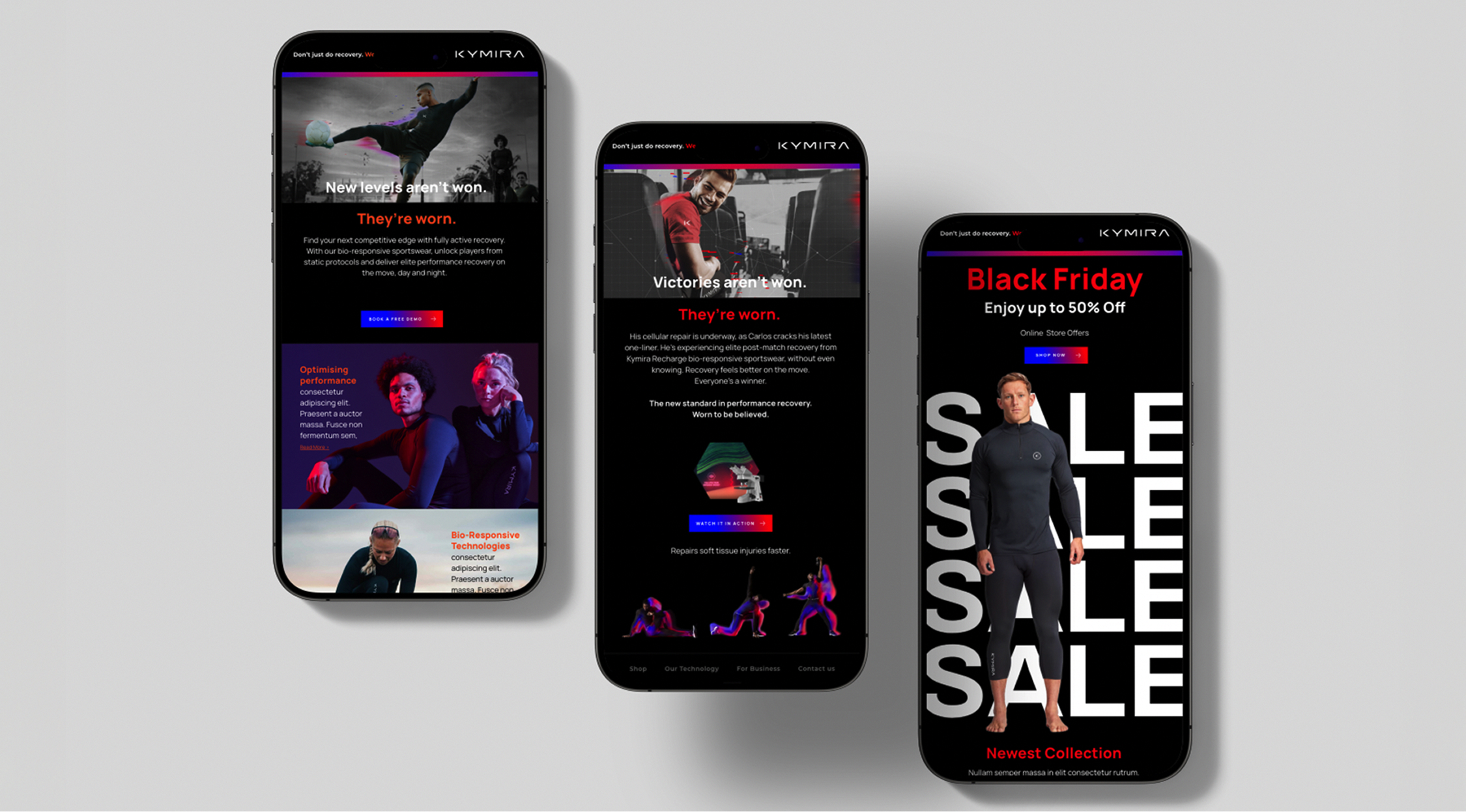 Three phones showing sections of proposed landing pages designed by Early Marketing