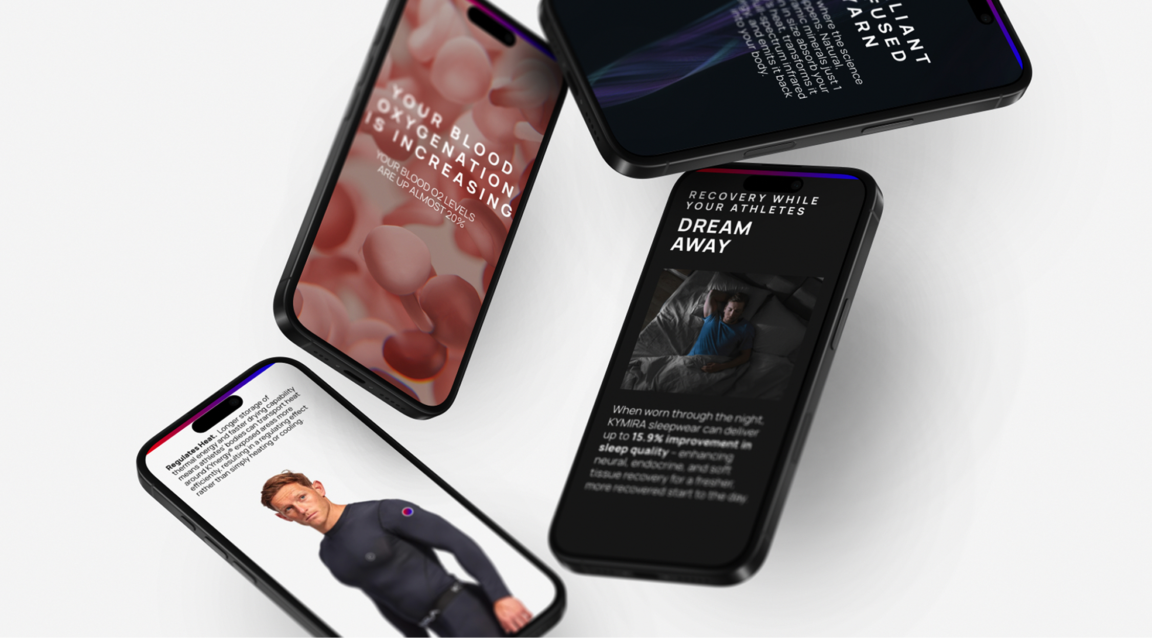 Four phones showing sections of the KYMIRA microsite created by Early Marketing
