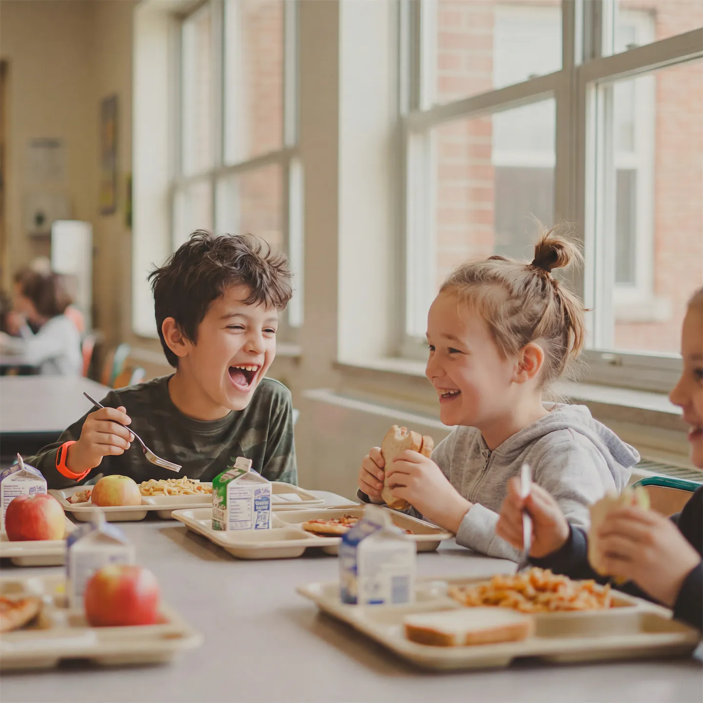 Enfants souriants déjeunant ensemble avec plateaux repas contenant pommes, sandwichs, cartons de lait et pâtes dans une cantine lumineuse.