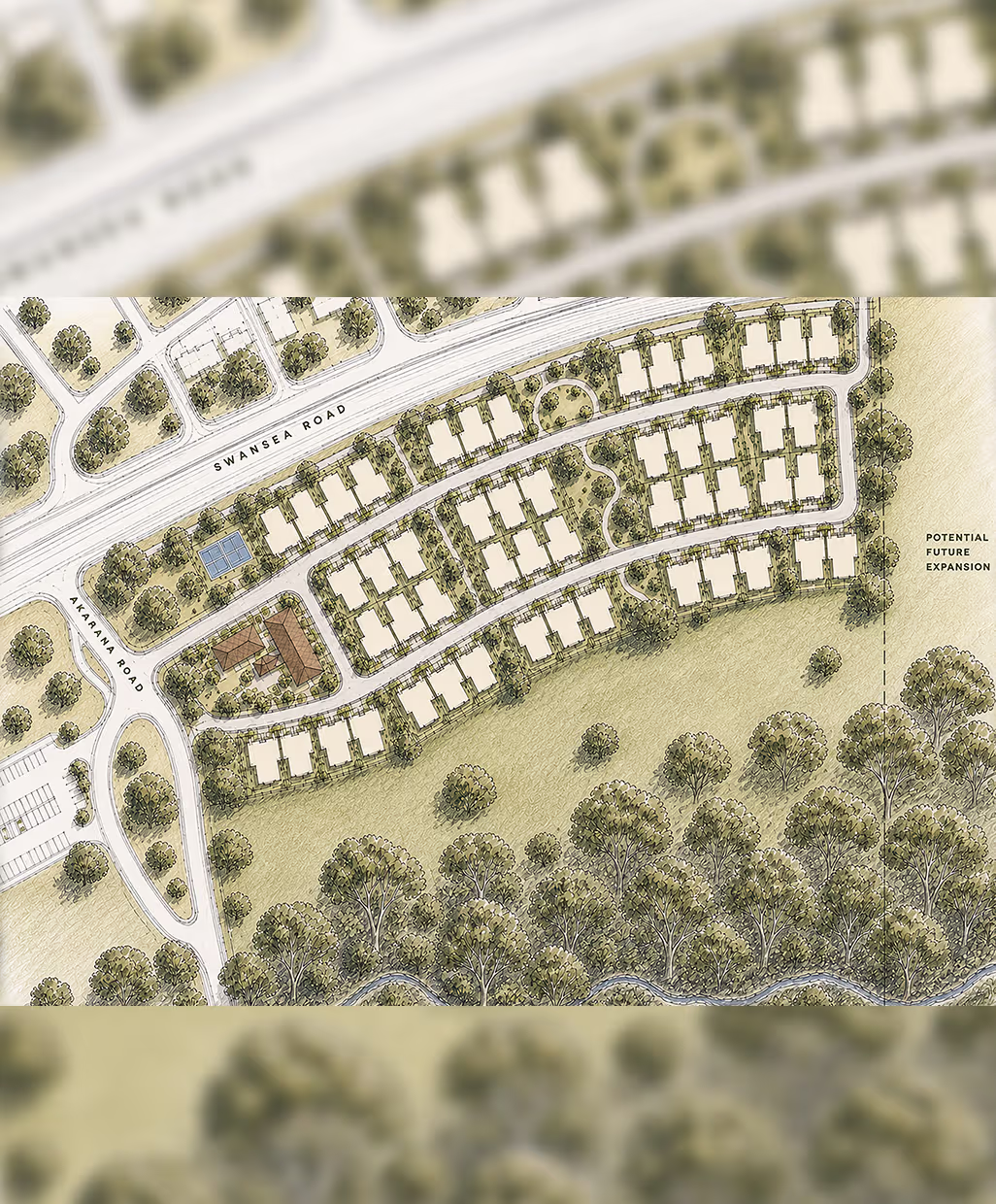 Planned residential community map with houses, roads, green spaces, and potential future expansion area.