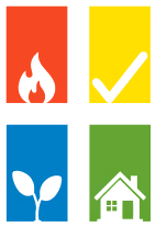 Vierfarbiges Symbol des Schornsteinfegerhandwerks: Rot, Gelb, Blau und Grün als Darstellung der zentralen Aufgabenbereiche