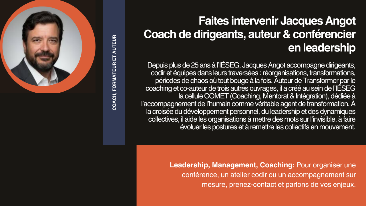 Portrait of Jacques Angot, a bearded man in a suit, alongside a text describing his 25+ years coaching leaders and authoring books on leadership, inviting contact for conferences and coaching.