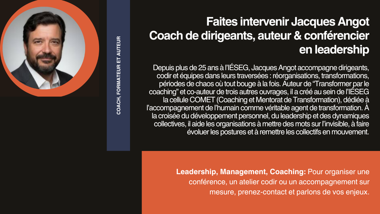 Portrait of Jacques Angot in a suit with text describing him as a leadership coach, author, and speaker with over 25 years of experience, specializing in organizational transformation and personal development.