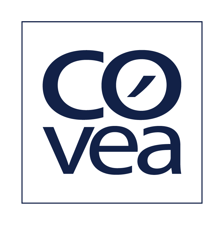 Covea company logo with stylized text inside a square border.