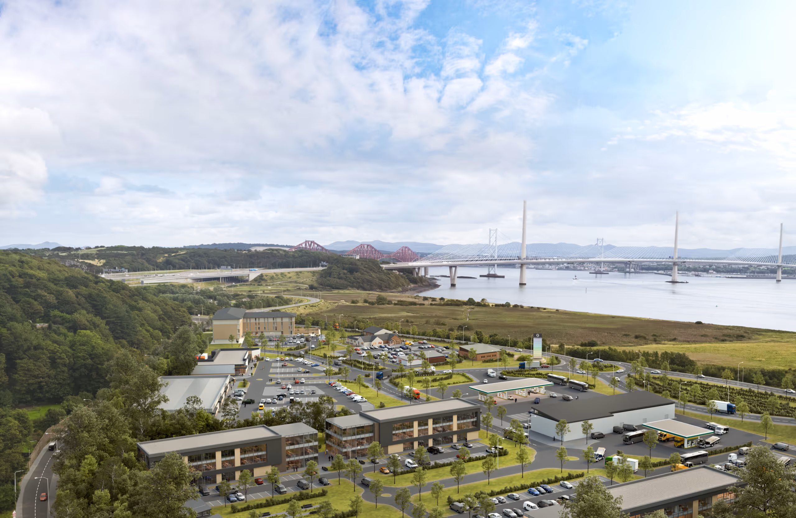 Aerial view of a modern business park with multiple buildings, parking lots, and green spaces, near a river with a large cable-stayed bridge and a red railway bridge in the background.