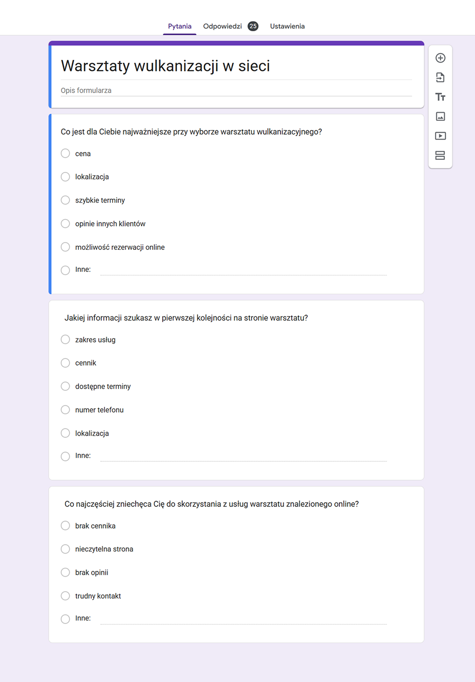 Questionnaire with questions for the study