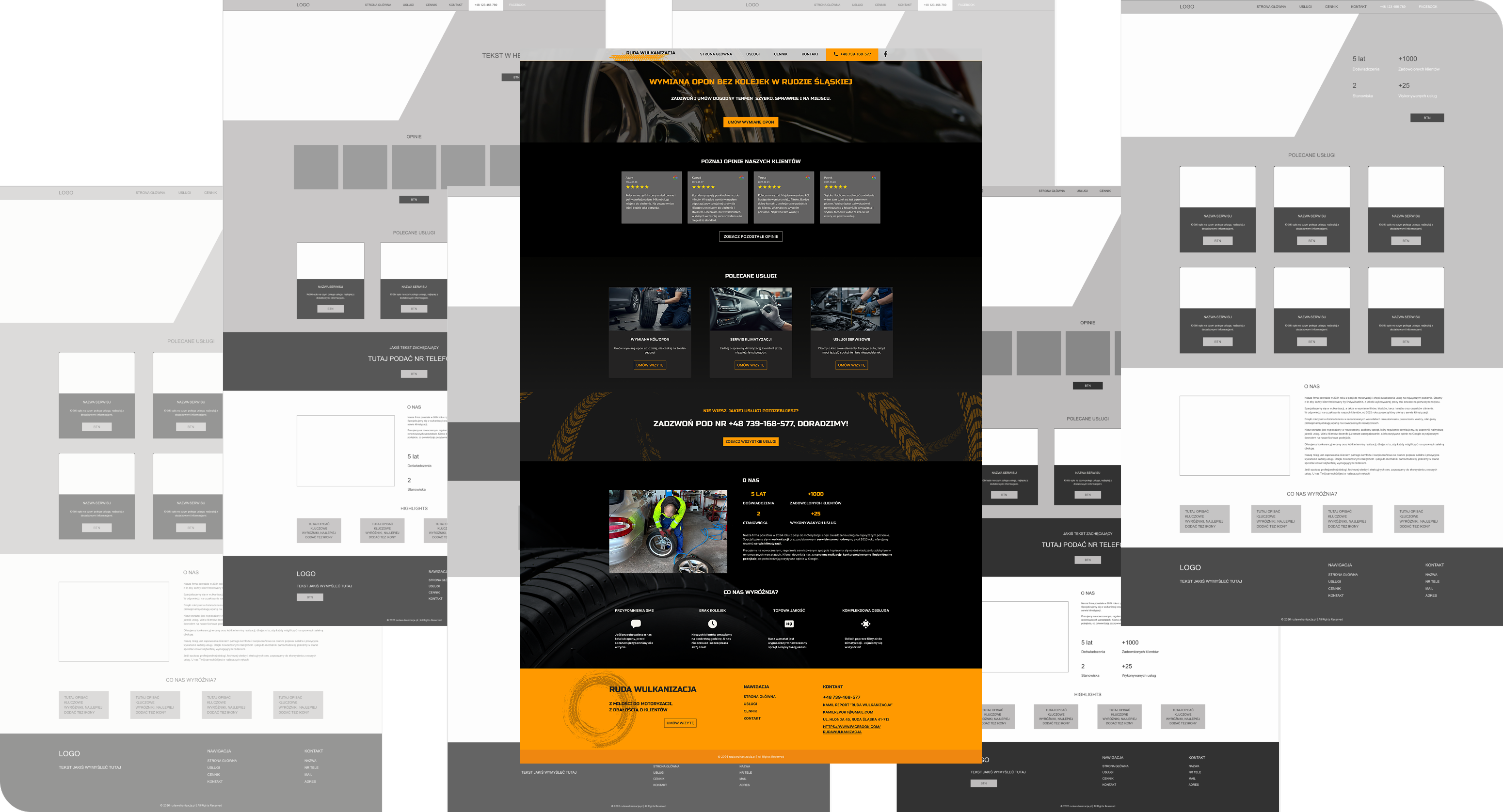 Low-fidelity wireframes for the homepage, services and contact pages