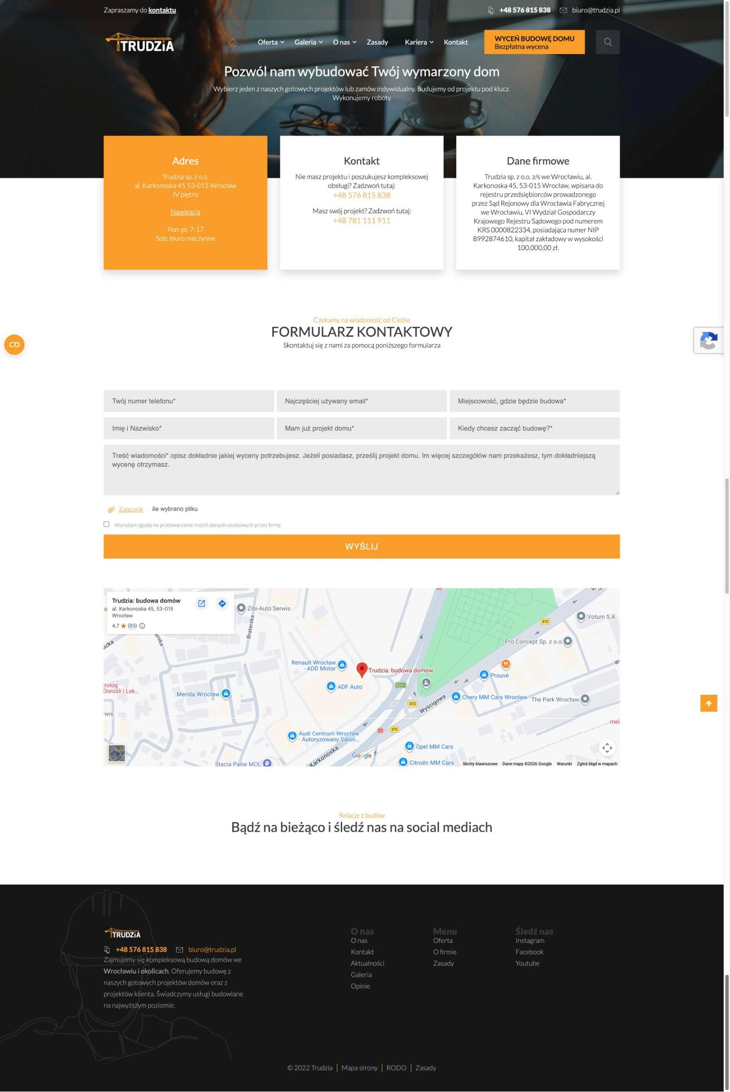 Trudzia Contact page before the redesign, full page