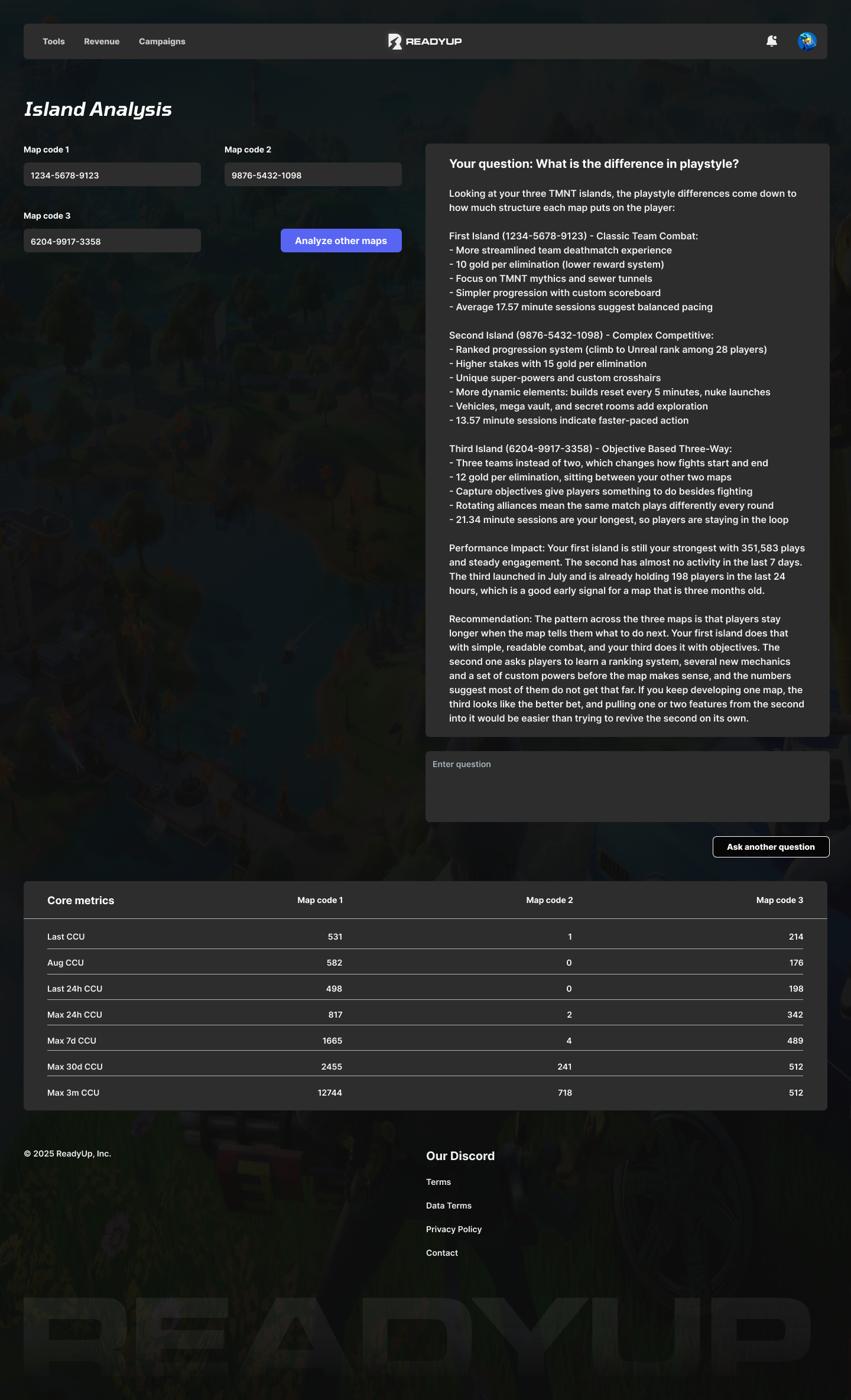 Island Analysis answer and core metrics after my redesign, dark mode