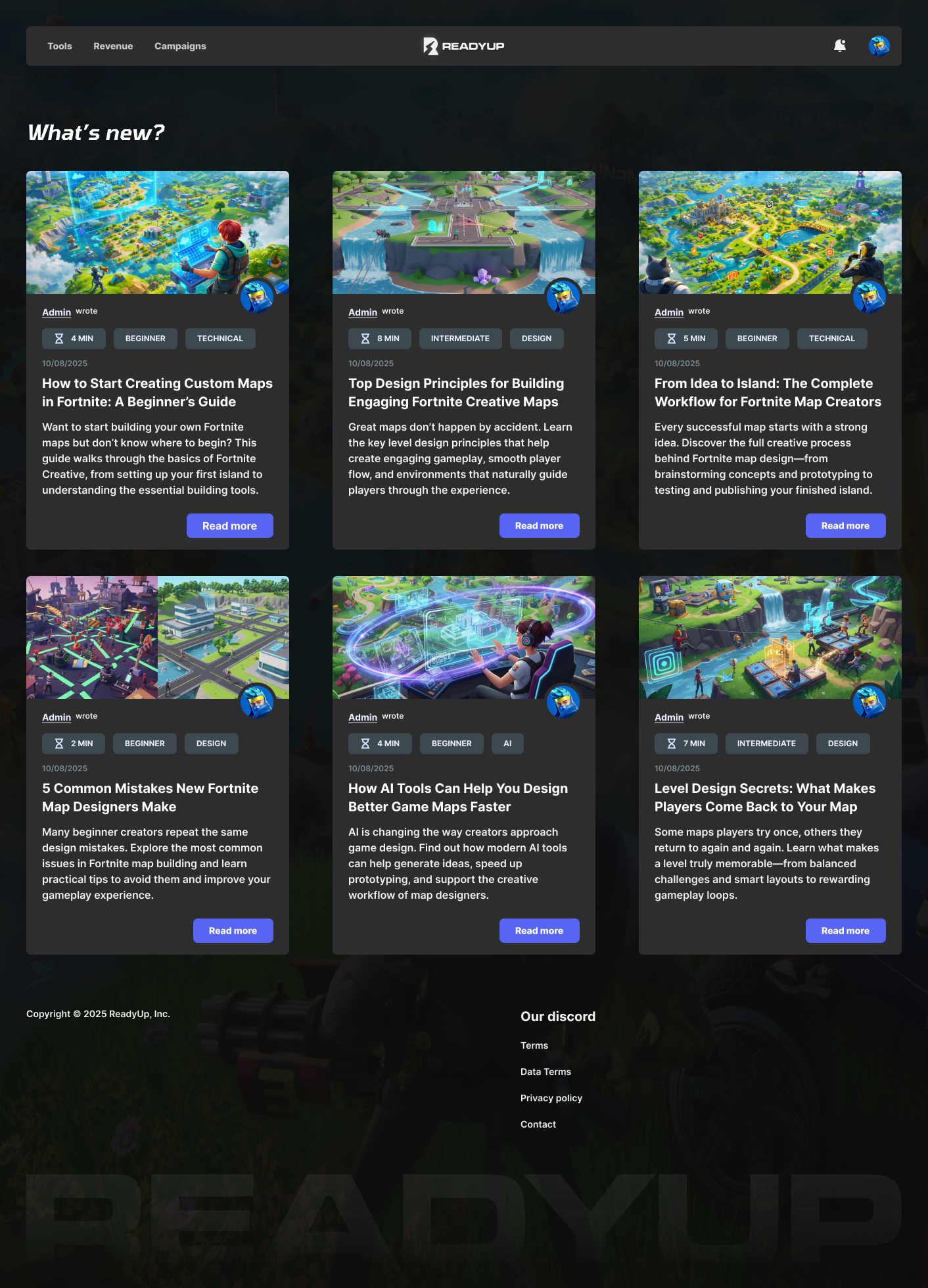 Articles feed after my redesign, dark mode