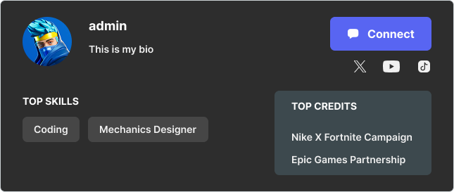 Creator profile card after my redesign, dark mode