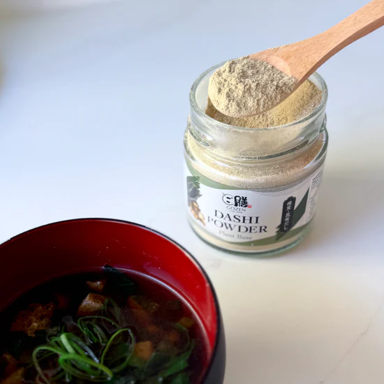 Gozen Dashi  Powder Jar beside bowl of Japanese Soup