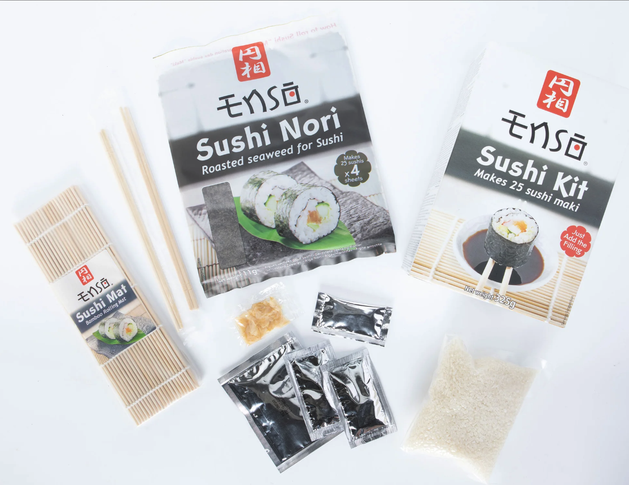 ENSO Sushi Kit contents - Chop Sticks, Sushi Mat, Nori, Pickled Ginger, Soy Sauce, Rice Vinegar, 