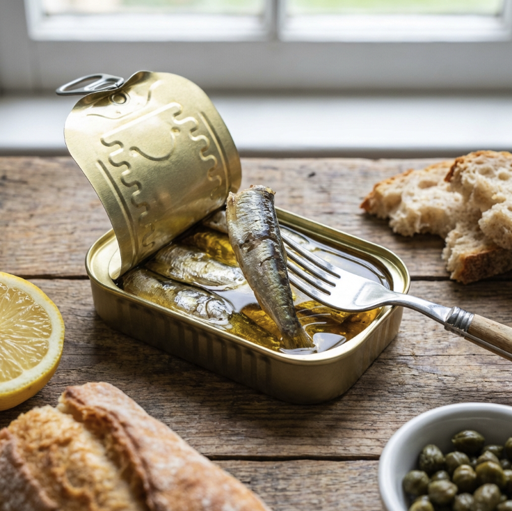 Open can of sardines on wooden bench with capers and bread