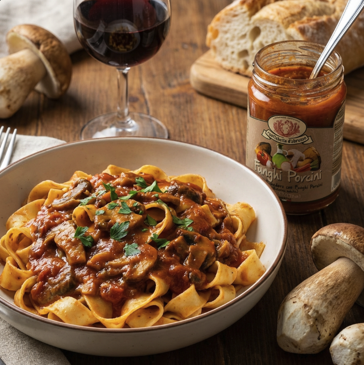 Fungi Porcini Pasta, mushroom, glass of red wine and bread on a board