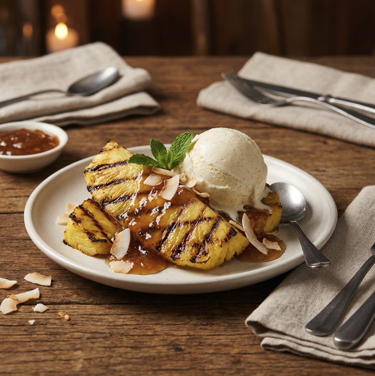 Drunken Sailor Pineapple coconut and rum jam, ice cream and grilled pineapple
