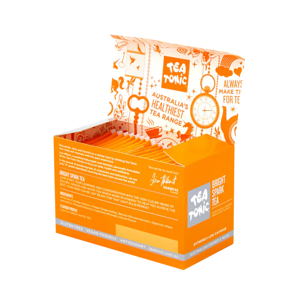 Tea Tonic Bright Spark 20 Pack Box opened to showindividually wrapped tea bags
