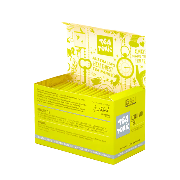 Tea Tonic Longevity Tea 20 Pack opened showing individually wrapped tea bags