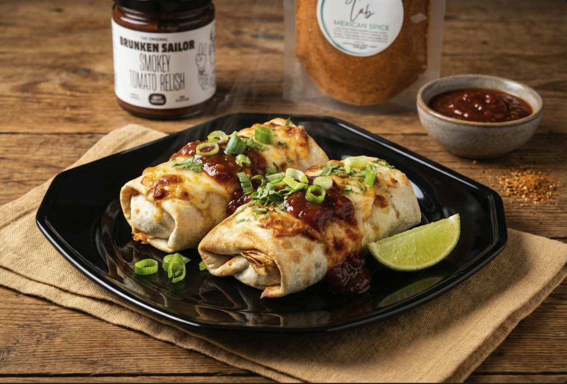 Plated 2 mexican chicken wraps with drunken sailor smokey tomato relish and spice lab mexican blend in background