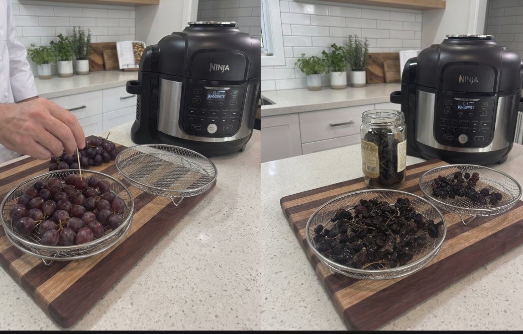 Photo of before and fter dehydrating muscat grapes in kitchen with ninji foodi on dehydrate mode