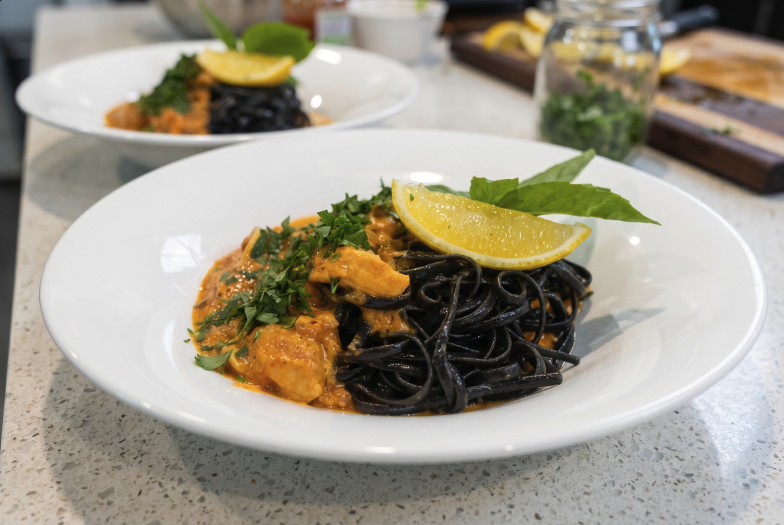 Bowl of Squid Ink Linguini with a Creamy Tomato based Marinara Sauce