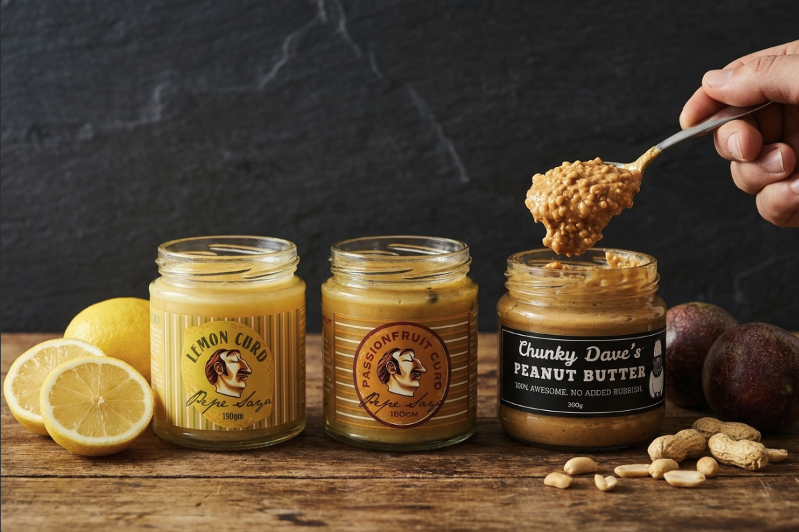 Pepe Saya Lemon Curd and Passionfruit Curd and Chunky Dave's Peanut Butter