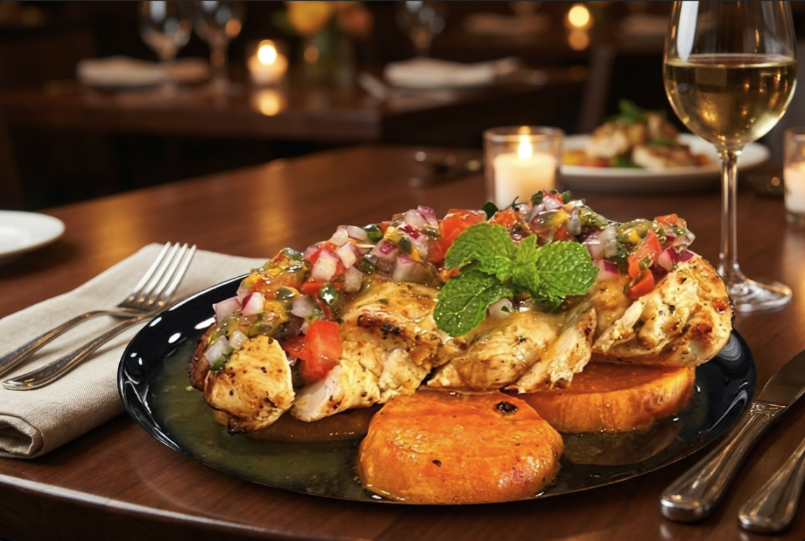 Plated Air Fryer Greek Chicken Breast with Panama Passionfruit Salsa
