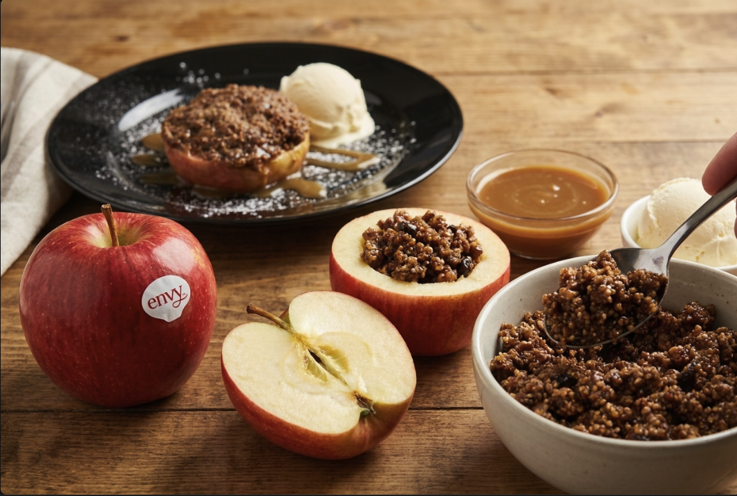 Envy Apple, Lupin Cumbl in a bowl with Vanilla Bean Ice Cream and Salted Caramel Sauce in side dishes, a plated Baked apple cumble with Ice cream & Sauce