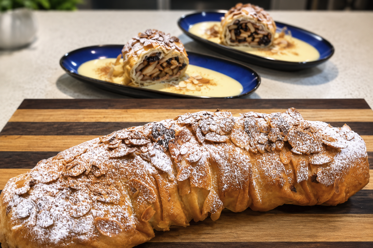 Full Apple Strudel just out of the Ninja with plated apple sturdel and crem custard in the background
