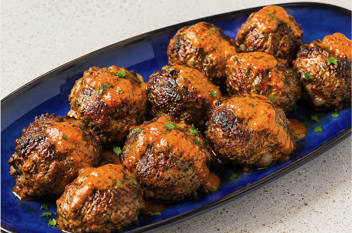 Plated Moroccan lamb meatballs with quick harissa-style sauce