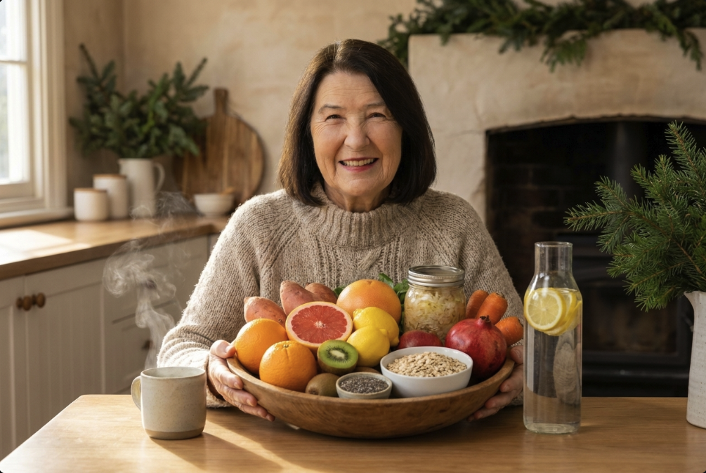 Linda Kilworth sitting in the kitchen showcasing a range of winter friendly vegetables and fruits