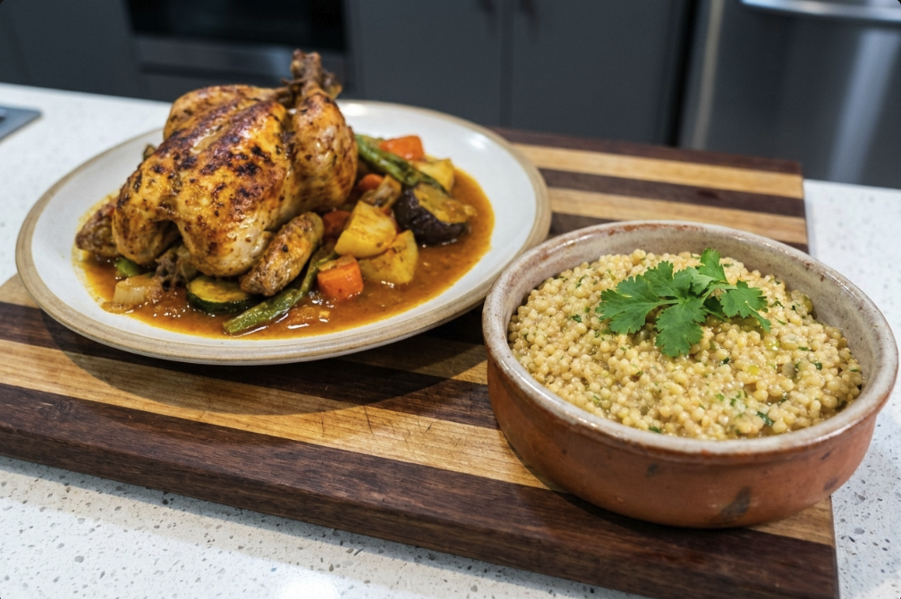 Roast chicken and vegetables with a side of Moroccan Pearl Couscous with Coriander