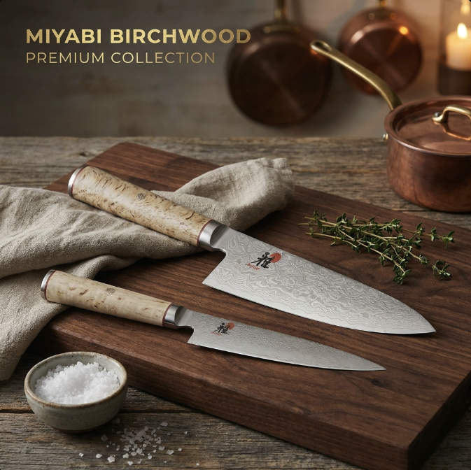 Miybabi Birchwood 20cm Chef's Knife + 13cm Utility Knife on cutting board