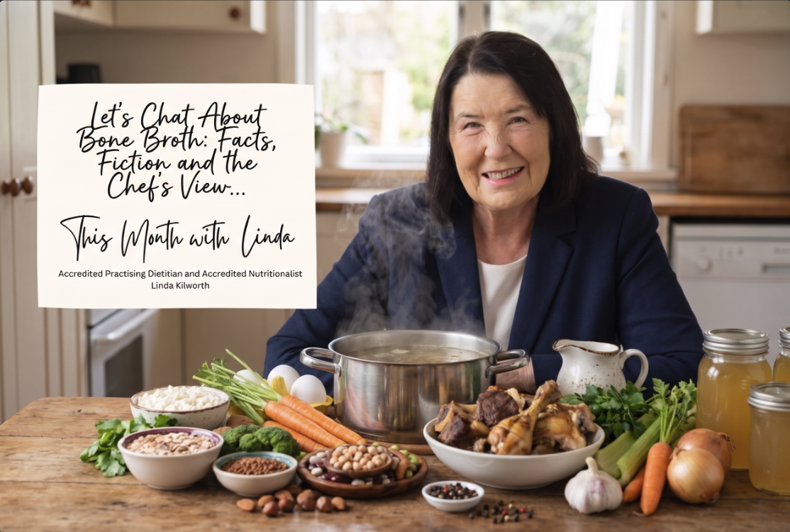 Linda Kilworth sitting in the kitchen showcasing stocks, bones and mirepoix