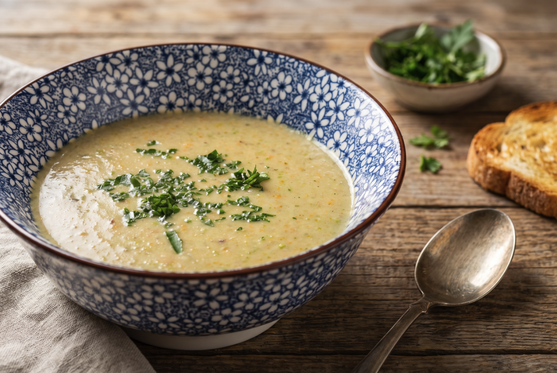 Bowl of Cream of Chicken & Vegetable Soup with toast and chopped pasley