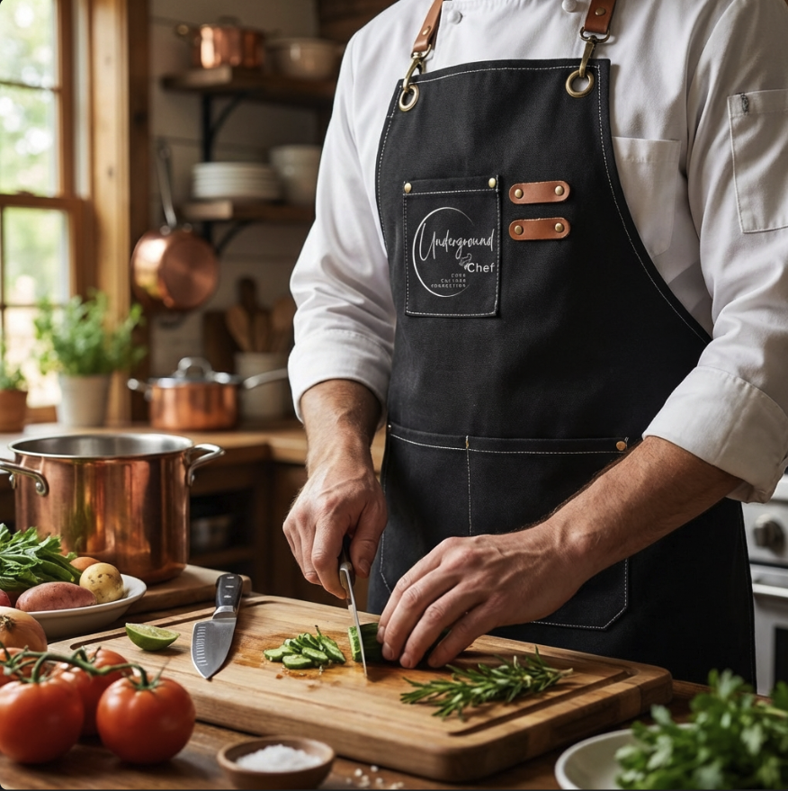 Underground Chef Heavy Duty Canvas Bib Apron worm by chef
